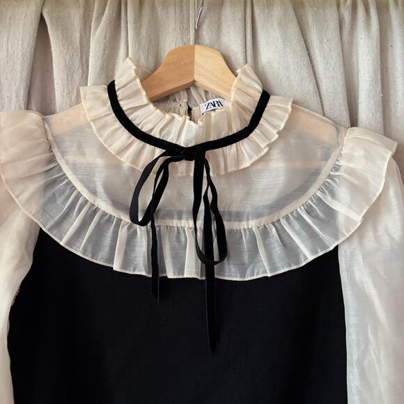 ZARA Ivory Sheer Sleeve Ruffle Collar Blouse Black Victorian Romantic Top Size M - Picture 2 of 7